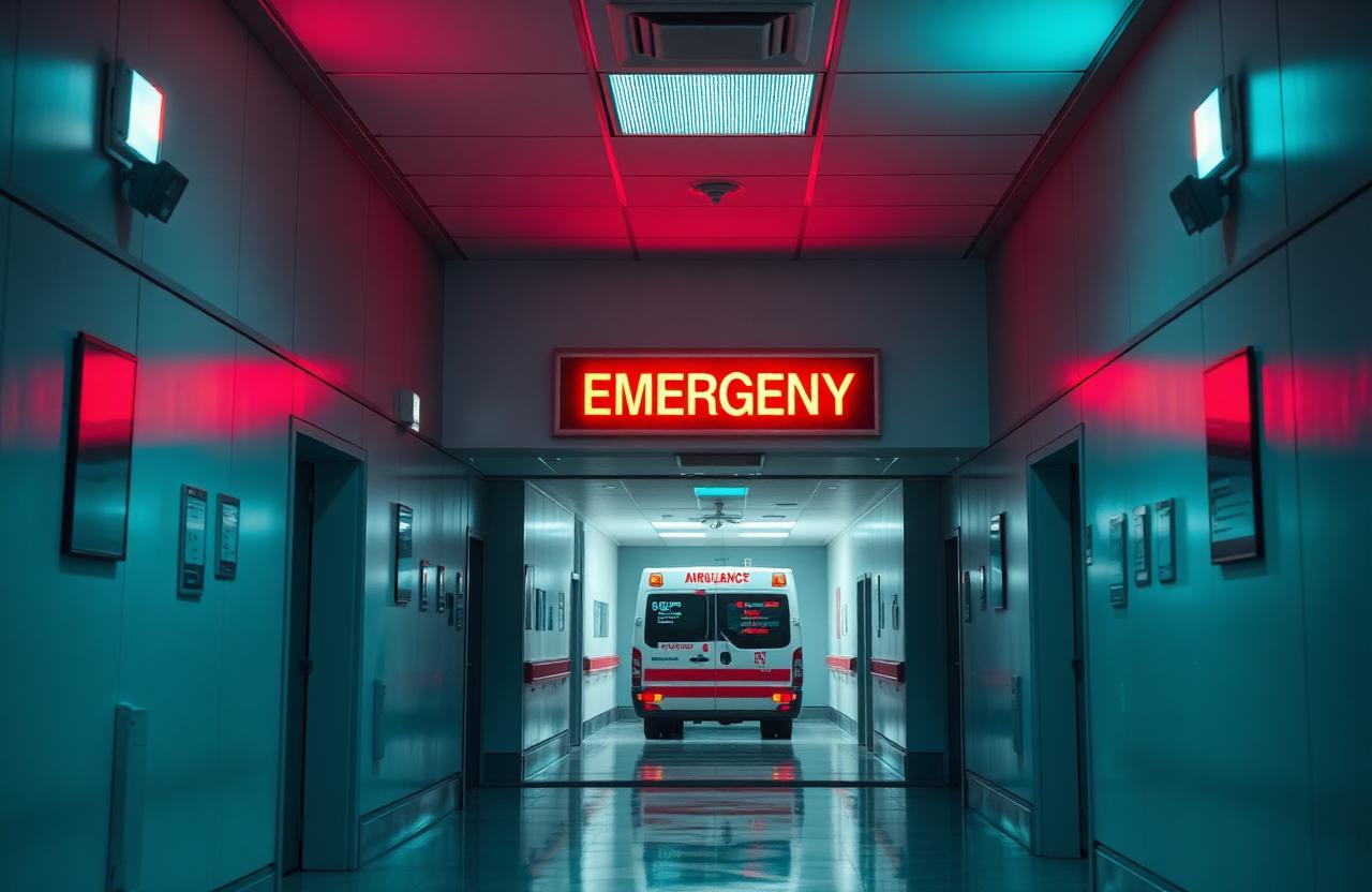 Hospital emergency entrance with ambulance bay at night
