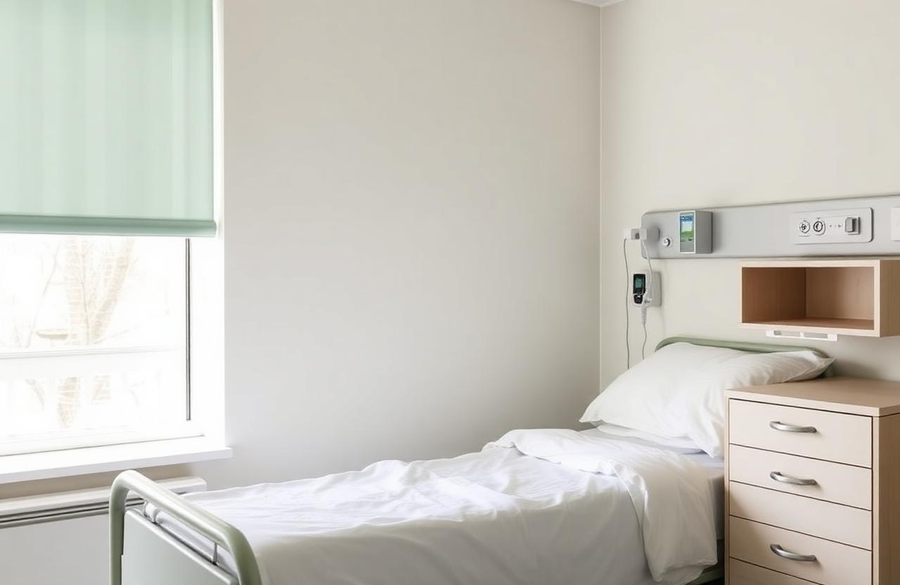 Private inpatient ward room with a single bed